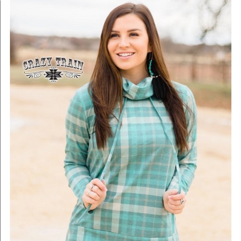 Crazy Train Oversized Turquoise Plaid Pullover Hoodie with Pockets~Size Down
